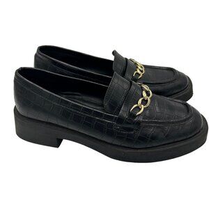 Kenneth Cole Reaction Sienna Lug Loafer Black Croc Pattern Gold Chain 8.5